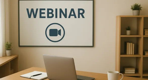 Bild  mit den Worten "Webinar" und ein offenes Laptop