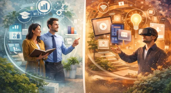 Menschen mit VR-Brillen und Bildschirmen