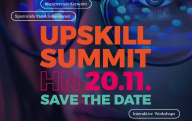 Auf dem Bild ist das Datum des Global Upskill Summit zu sehen, so wie ein dunkles, weibliches Gesicht im Hintergrund. 