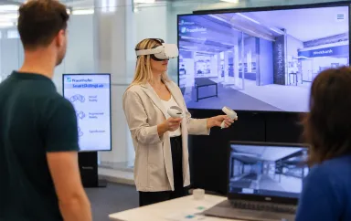 Eine Person mit einer 3D-Brille vor einem Monitor